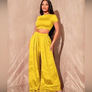 Yellow Wide-Leg 2 Piece Pant Set Crop Top Size Large
